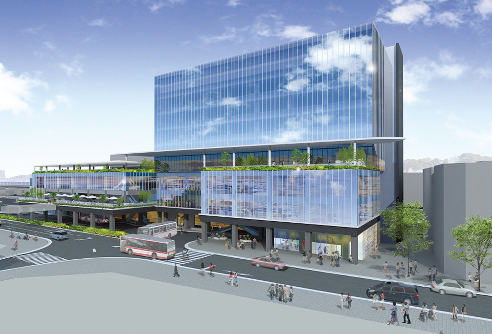 北口駅ビル完成イメージ(北西より俯瞰、プレスリリースより)